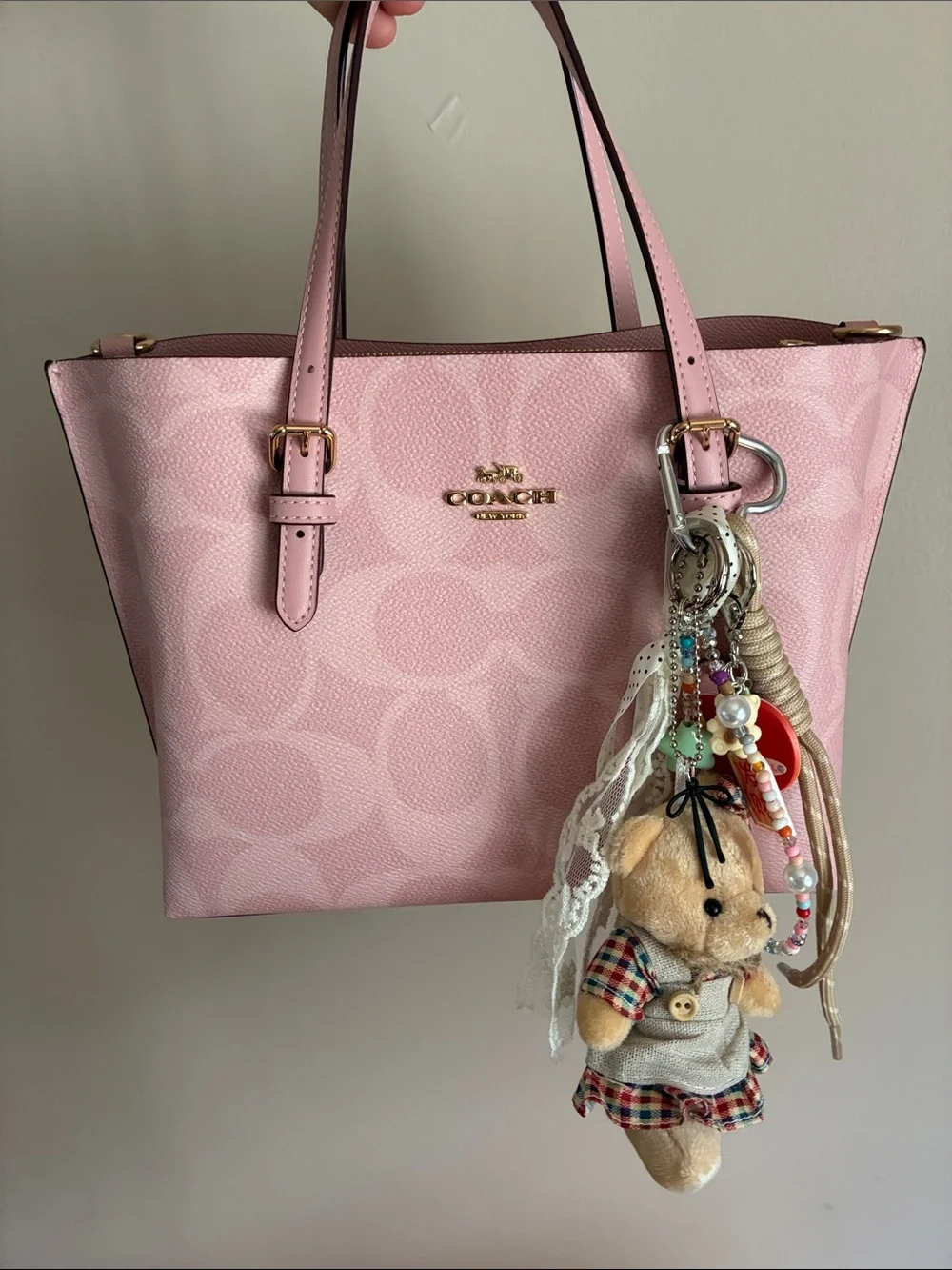 Beige Plaid Teddy Bear Keychain Bag Charm